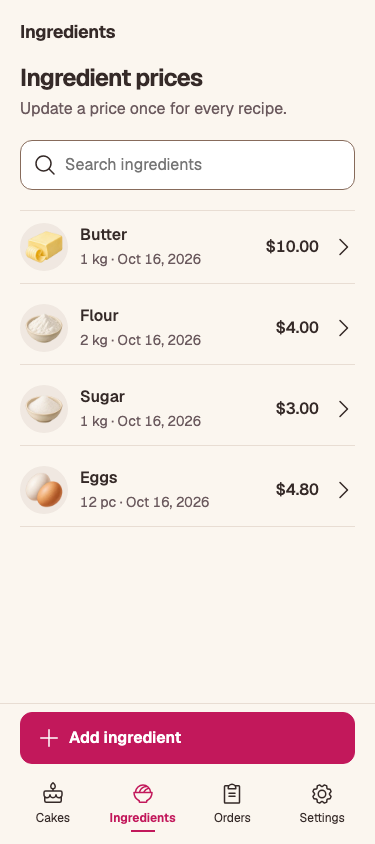 A lista de ingredientes reúne os preços das embalagens e as datas de compra.